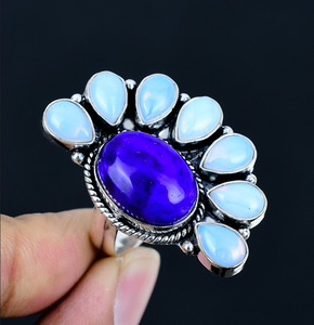 Milky Opal, <b>Lapis</b> <b>Lazuli</b> Gemstone Half Flower Statement <b>Ring</b> Sterling Silver Handmade Floral Jewelry Unique Gift for Mom Women - Product Image 1