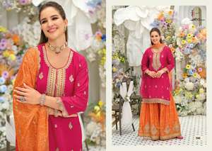 Ensemble Salwar de Luxe Prêt-à-Porter Style Palazzo en Chinon Lourd avec Broderies Riches – Tenue Ethnique de Créateur pour Mariages et Fêtes - Product Image 6