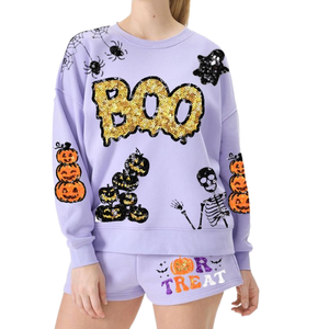 Ensemble 2 pièces décontracté ample au-dessus du genou, pull personnalisé à col rond avec sequins Boo et citrouille pour Halloween, vente en gros - Product Image 1