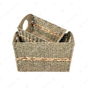 SWIRLED BELT Two-Tone <b>Rectangular</b> Seagrass Storage <b>Basket</b> with Chunky Hyacinth Base Belt Home Decoration Shelf Organizer - Product Image 2