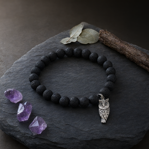 Bracelet en pierre de lave noire avec breloque hibou, accessoire de mode en cristal - Product Image 3