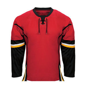 Maillot de hockey sur glace personnalisé par sublimation pour homme, rouge et noir, manches longues, anti-humidité, col en V, fermeture à nouer, vêtement d'hiver pour adulte - Product Image 1