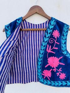 Artisan <b>Blue</b> Velvet Cotton Suzani Floral Lightweight <b>Women's</b> Embroidered Bohemian Ethnic Sleeveless Vest Coat <b>Waistcoat</b> - Product Image 3