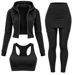 Women's 3-Piece <b>Yoga</b> Set Cropped Hoodie Sports Bra Skirted <b>Leggings</b> Solid Pink Quick Dry Seamless High Waist Full Length - Product Image 4