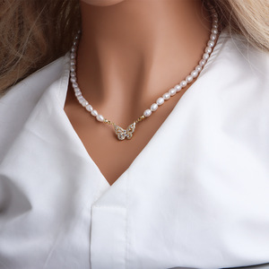Collier à pampilles papillon entièrement serti de diamants, style coréen, tendance, luxe, perle d'eau douce naturelle, accessoire pour clavicule - Product Image 4