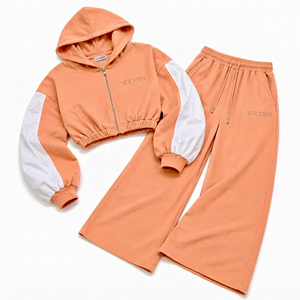 Conjunto Deportivo Vocksin para Mujer, Sudadera Corta Color Durazno, Pantalones de Pierna Ancha con Cierre y Paneles de Secado Rápido en Felpa de Algodón Premium - Product Image 4