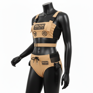 ชุดบิกินี่ผู้หญิงผ้าไนลอนผสมสแปนเด็กซ์ยืดหยุ่นสูง สีแทนดำ แต่งผ้าตาข่ายตัดต่อ พร้อมโลโก้ซิลิโคนแบบกำหนดเอง - Product Image 4