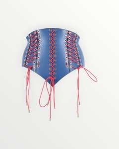 Genuine Lambskin Leather <b>Women</b> Corset <b>Body</b> <b>Shaper</b> Neoprene Waist Trainer Blue Red Lace-Up Design Hook-and-Eye Closure - Product Image 1
