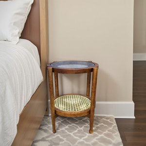 Elegant Hyacinth Round Accent <b>Table</b> with Glass Top and <b>Shelf</b> Living Room Woven Furniture - Product Image 3