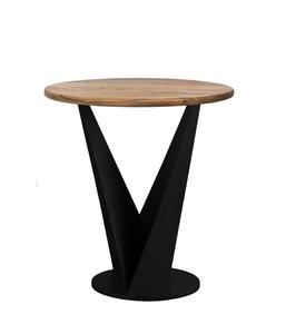 Minimalist <b>Round</b> <b>Side</b> <b>Table</b> With Wood Top And <b>Black</b> Metal V-Shaped Base For Living Room Indoor Use - Product Image 3