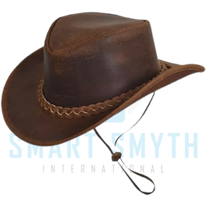 Premium Leather Cowboy <b>Hat</b> with Braided <b>Band</b> Adjustable Chin Cord for Horse Riding Western Equestrian Outdoor Wear - Product Image 1