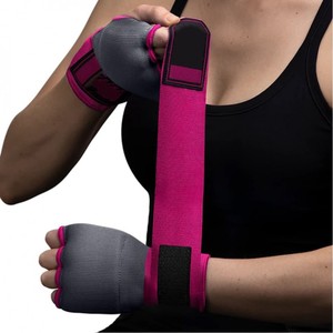 ถุงมือชกมวยแบบพันเร็ว สำหรับ MMA มวยไทย ฝึกซ้อม ชกต่อย สีเทา พร้อมสายรัดข้อมือและขอบสีชมพู - Product Image 4