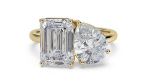 Emerald And Pear <b>Two</b> <b>Stone</b> Diamond <b>Ring</b> 0.80 Ct Lab Grown Diamond In 18K Yellow White Rose Gold And Platinum - Product Image 2