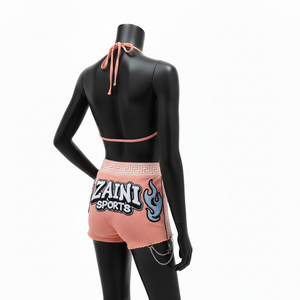 Premium Polyester Spandex <b>Stretch</b> Knit Women Bikini Set Peach Panel <b>Shorts</b> Custom Embroidery Logo women for Bikini Set - Product Image 5