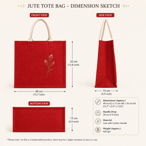 Red Jute Tote <b>Bag</b> With Embroidery Floral Design Hand Length Handle Shopping <b>Bag</b> <b>Medium</b> <b>Size</b> 40x15x35cm - Product Image 2