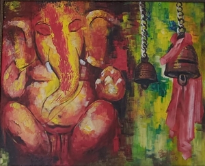 Modern Abstract Ganesha <b>Canvas</b> Wall Art Hand-Painted Acrylic Painting <b>Frame</b> Indoor Decor Red Yellow Green Colors ARTHUB SHILPA - Product Image 2