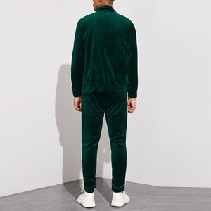 Men's Dark Green Velvet Durable Tracksuit <b>Hooded</b> Full <b>Zip</b> Solid Color Casual Sportswear Side Pockets Midweight Winter Wear - Product Image 2