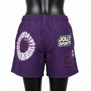 Shorts de baño para mujer de algodón y poliéster de 300 GSM, diseño tie-dye morado, lavado desgastado, con logo personalizado. - Product Image 6