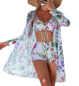 Conjunto de Bikini de 3 Piezas con Estampado Geométrico a Rayas para Mujer, Cuello en V, Pantalones Cortos Tipo Bóxer, Mangas Largas, Ecológico, de Secado Rápido, Anti-UV y Transpirable - Product Image 2