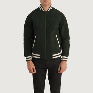 <b>Men's</b> Green <b>Suede</b> Bomber <b>Jacket</b> Turn-down Collar Zipper Closure Casual Autumn Wear Regular Fit Solid Color - Product Image 3