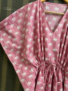 Women Pink Floral Print 100% Cotton <b>Kaftan</b> Dress Handmade Beach Cover Regular Fit <b>Summer</b> Lounge Wear Boho Breathable Natural - Product Image 2
