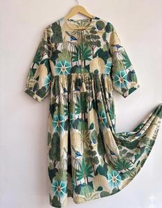 Robe Bohème à Imprimé Tropical pour Femmes, 100% Coton, Manches Bouffantes Trois Quarts, Coupe Ample, Robe Midi d'Été Casual, Taille Élastique, Col Rond - Product Image 5