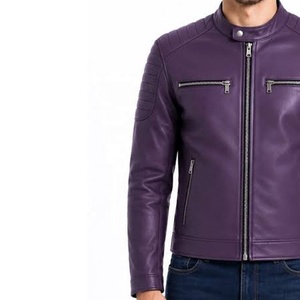 Chaqueta de cuero genuino para hombre, estilo Cafe Racer, color morado oscuro, con hombros acolchados, cuello alto y manga regular, ideal para motociclistas. - Product Image 3