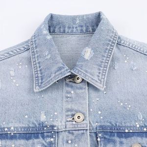 Women New Fashion Short Denim with <b>Rhinestone</b> <b>Jacket</b> Coat Vintage Long Sleeve Female Outerwear Chic Overshirt - Product Image 4