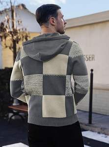 Pull à capuche pour homme, brodé, à carreaux, color-block, en tricot gaufré texturé, 100% coton, coupe oversize, décontracté, rétro - Product Image 4