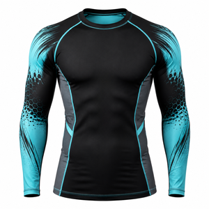 Camiseta Deportiva de Manga Larga para Hombre, Protección UV, Color Negro Cian, Impresión por Sublimación, Transpirable, Secado Rápido, Spandex, Nailon, para Natación - Product Image 3