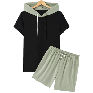 Conjunto de Camiseta de Manga Corta con Capucha para Hombre, Color Sólido, Felpa Francesa Transpirable de 380g, Ropa Casual de Otoño con Pantalones con Cordón - Product Image 4