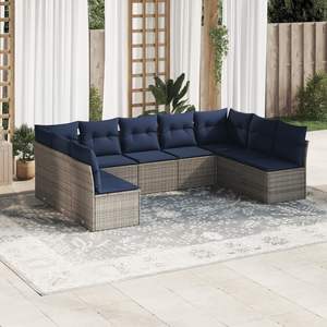 Set di divani da giardino in polyrattan grigio da 9 pezzi con cuscini, mobili da esterno resistenti - Product Image 1