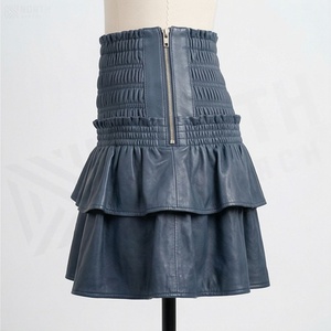 Mini-jupe en cuir PU pour femme, taille élastique, volants, style évasé, couleur unie, toutes saisons - Product Image 3
