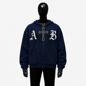 Sudadera con capucha azul marino personalizada con cremallera, estilo gótico oversize, bordado de letras AB, streetwear unisex, sudadera con capucha pesada para hombre - Product Image 1
