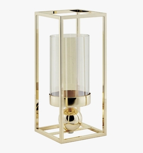 Porte-bougie moderne en métal doré avec cage, accent sphérique et insert cylindrique en verre pour une décoration de table chic - Product Image 2