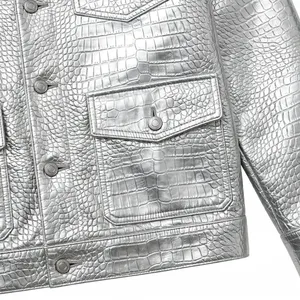Veste de camionneur unisexe en similicuir argenté métallisé effet croco, 4 poches, boutonnée, vêtement d'extérieur tendance, logo personnalisé - Product Image 6