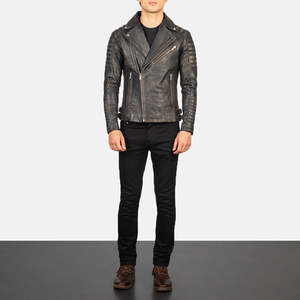 Chaqueta de Cuero para Motociclista, Estilo Vintage, Negra, para Invierno, Corte Ajustado, Acolchada, de Piel de Oveja Auténtica, con Aspecto Desgastado - Product Image 1