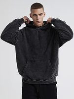 Sweater Hoodie Pria Regular Fit 100% Katun Fleece Pewarna Benang Bernapas Warna Hitam Solid Kasual Musim Dingin 300g Desain Saku