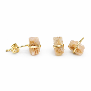 Raw Rainbow Moonstone Brass Gold Plated Handmade Rectangular Rough Stone <b>Stud</b> Minimalist Boho Birthstone Jewelry for Women - Product Image 3