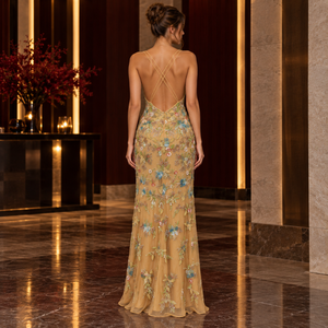 Multicolor Floral Evening Dress Deep V Neck Sleeveless Sheath | Gold Floor Length Botanical <b>Sequin</b> Side Slit Formal Party Dress - Product Image 4