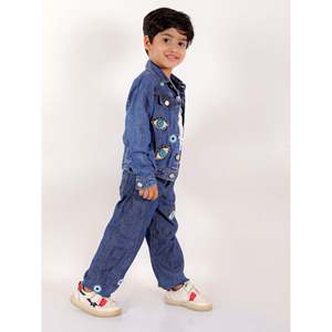 Ensemble veste et jean en denim pour homme, bleu, manches longues, orné d'un motif œil maléfique - Product Image 4