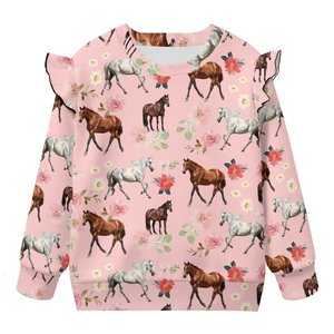 Sweat-shirts à manches longues à col rond et à épaules à volants avec motif cheval et fleurs pour enfants, avec manches évasées pour l'automne et l'hiver - Product Image 1