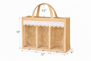 Bolsa de Regalo para Vino de Yute Natural con Triple Compartimento, Ventana Transparente y Ribete de Encaje, Ecológica - Product Image 3