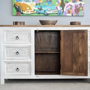 Carved Solid Wood Farmhouse Dining <b>Sideboard</b> Cabinet 6 Drawer <b>Storage</b> Console Freestanding Entryway Living Room Buffet 4 ft - Product Image 3