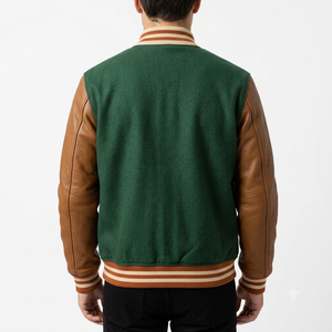 <b>Men's</b> Green Varsity <b>Jacket</b> With Brown <b>Leather</b> Sleeves Turn-down Collar Button Closure Autumn Casual Outerwear Regular Fit - Product Image 2