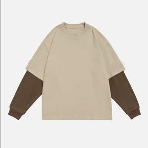 High Quality T-Shirt Heavyweight Cotton Distressed Drop Shoulder <b>Tshirt</b> Boxy 2 in 1 Long Sleeve T Shirt for Men - Product Image 5