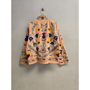 Handcrafted Patterned Design Floral Embroidered Cotton <b>Mandarin</b> <b>Collar</b> <b>Jacket</b> Full Sleeve Spring Wear Elegant Women's Coat - Product Image 5