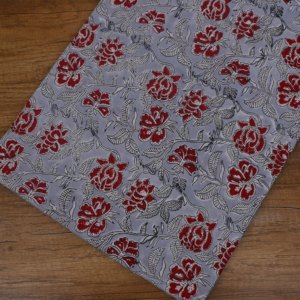 Handmade Grey Cotton <b>Fabric</b> Red Flower Leaf Vine Block Print Pattern for Kurtis Dresses Craft Furnishing - Product Image 2
