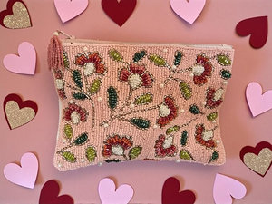 Pochette rectangulaire légère en tissu floral brodé de perles faite à la main avec chaîne détachable pour mariages/événements du soir - Product Image 3