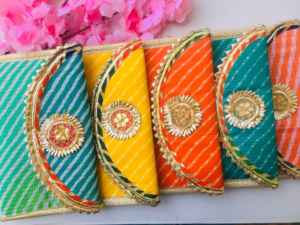 Beautiful Multicolor Handcrafted Handmade Leheriya Pattern Printed Poly-silk Fabric <b>Pouches</b> for Wedding Party, Hldi Favors - Product Image 4